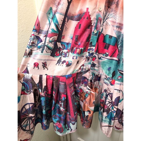 Button-Up Grama Core Plus Size Long-Sleeve Dress Country Winter Scene Print Ple - Picture 4 of 12